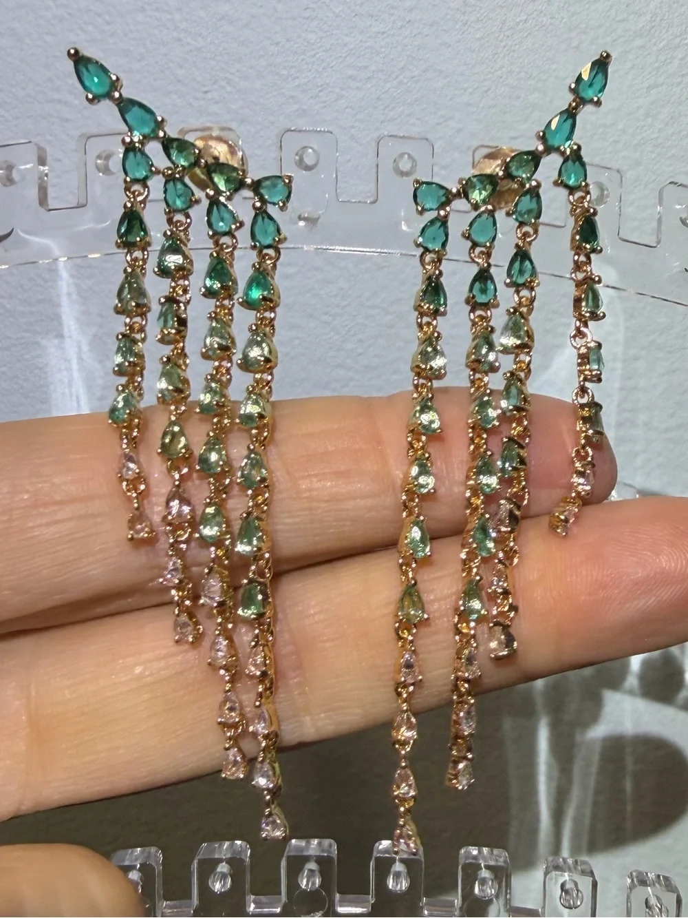 NWOT Green & Blue Crystal Teardrop Cascade Chandelier Pierced Earrings